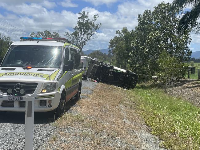 A vehicle crashed onto its side on Midge Point road in Bloomsbury. Photo: Fergus Gregg