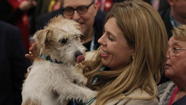 Boris Johnson's partner Carrie Symonds and their dog Dilyn attend the count in Uxbridge. Picture: Getty Images.