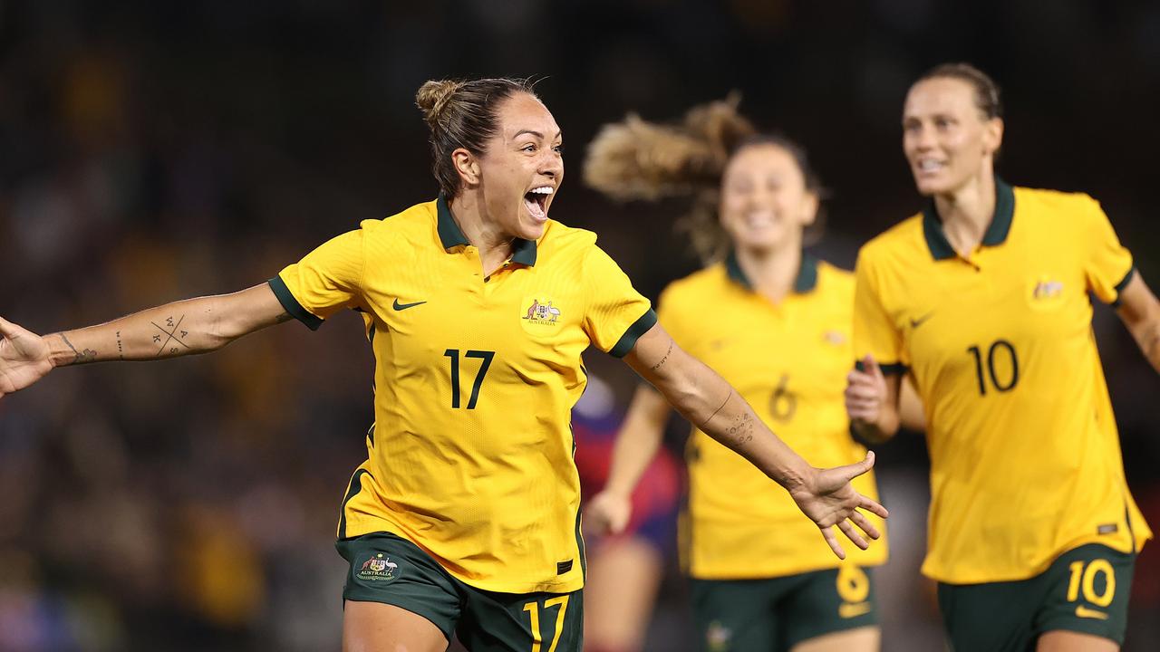 Kyah Simon of the Matildas celebrates scoring her team's only goal. Photo by Cameron Spencer/Getty Images