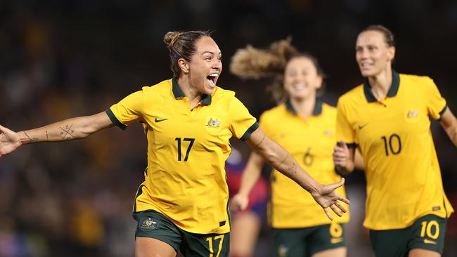 Kyah Simon of the Matildas celebrates scoring her team's only goal. Photo by Cameron Spencer/Getty Images