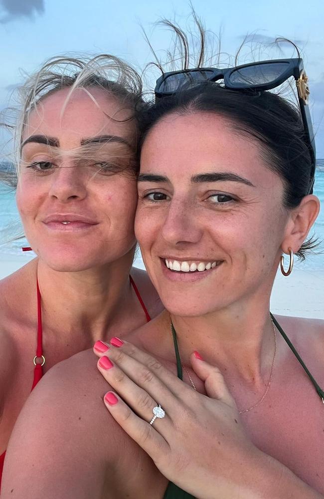 Matilda's player Ellie Carpenter on left has become engaged to Dutch footballer and Lyon teammate Daniëlle van de Donk.