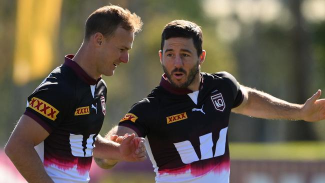 GOLD COAST, AUSTRALIA - JULY 15: Daly Cherry-Evans and Ben Hunt during a Queensland Maroons state of origin squad training session at Sanctuary Cove on July 15, 2024 in Gold Coast, Australia. (Photo by Matt Roberts/Getty Images)