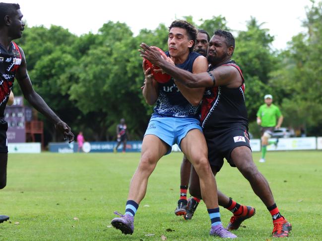 The Tiwi Bombers showed plenty of promise in their fast finish against Darwin Buffaloes. Picture: Celina Whan / AFLNT Media