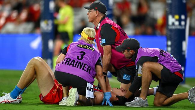 Ballard was taken from the field on a stretcher. (Photo by Albert Perez/AFL Photos via Getty Images)