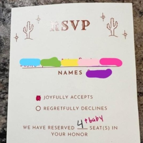 The guest used pink ink to add another person on the form, even though the couple allocated four seats for their family. Picture: Facebook