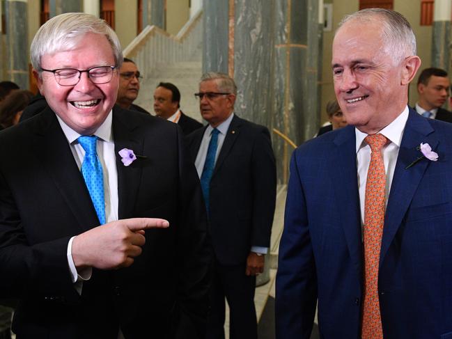 Former prime minister Kevin Rudd and Prime Minister Malcolm Turnbull at a breakfast to mark the 10th anniversary of the National Apology to Australia's indigenous people at Parliament House in Canberra, Tuesday, February 13, 2018. (AAP Image/Mick Tsikas) NO ARCHIVING