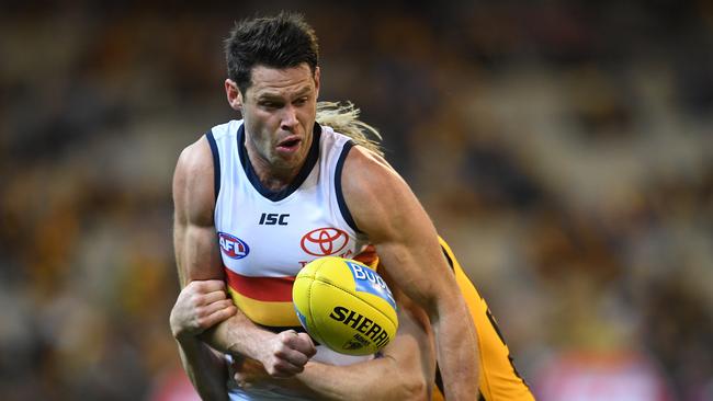 Sam Gibson in action for the Crows against the Hawks in Round 13. Picture: AAP Image/Julian Smith