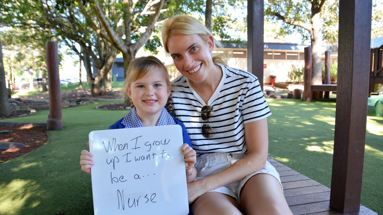 Excited for their first day of Prep at Rangeville State School are Connie Theodosis and her mum Jasmine Theodosis January 22, 2024.