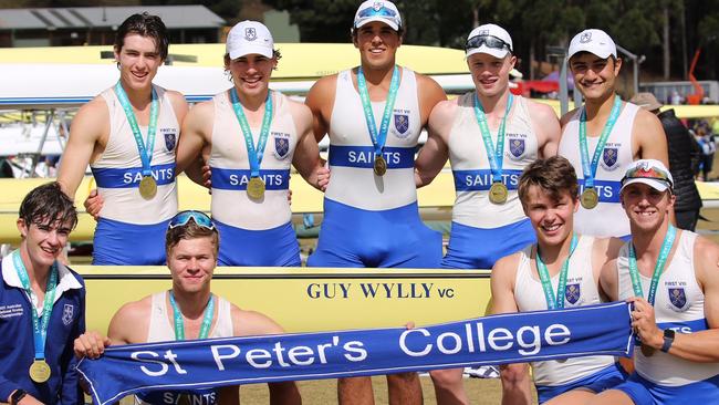 St Peter's boys VIII rowing crew is the first from SA in 53 years to win Rowing Australia’s Schoolboy’s Coxed Eight title. Picture: Richard Beale