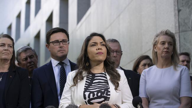 During a press conference at Parliament House Nationals David Littleproud and Jacinta Nampijinpa Price oppose the Voice.