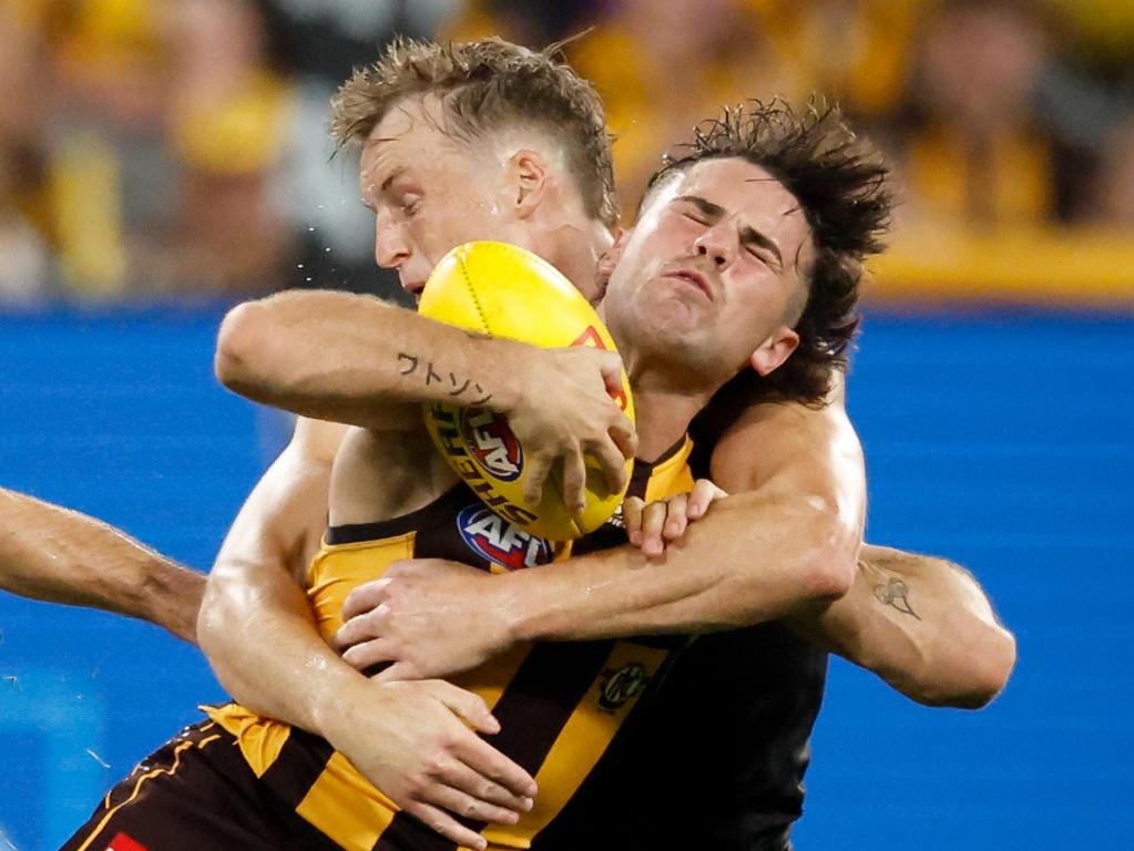 This tackled was paid a high free kick, Watson’s only high free so far this year. Picture: Dylan Burns/AFL Photos