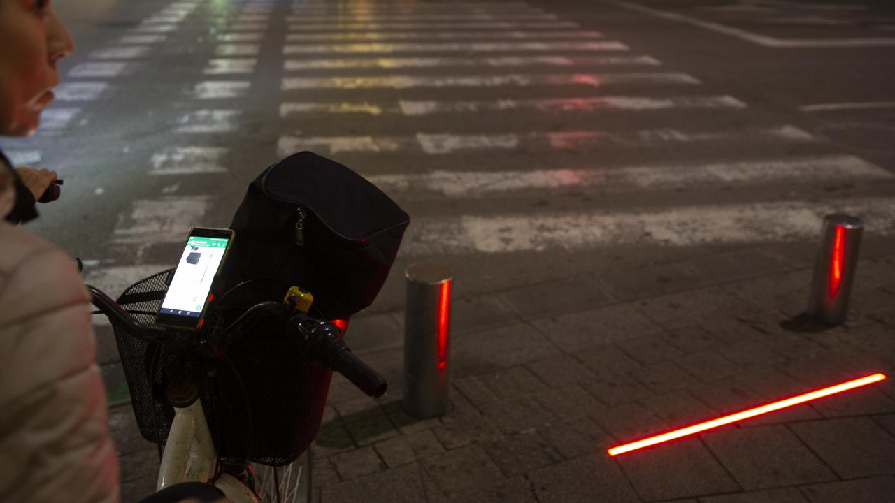 LED stoplights at a crosswalk in Tel Aviv, Israel. (AP Photo/Sebastian Scheiner)