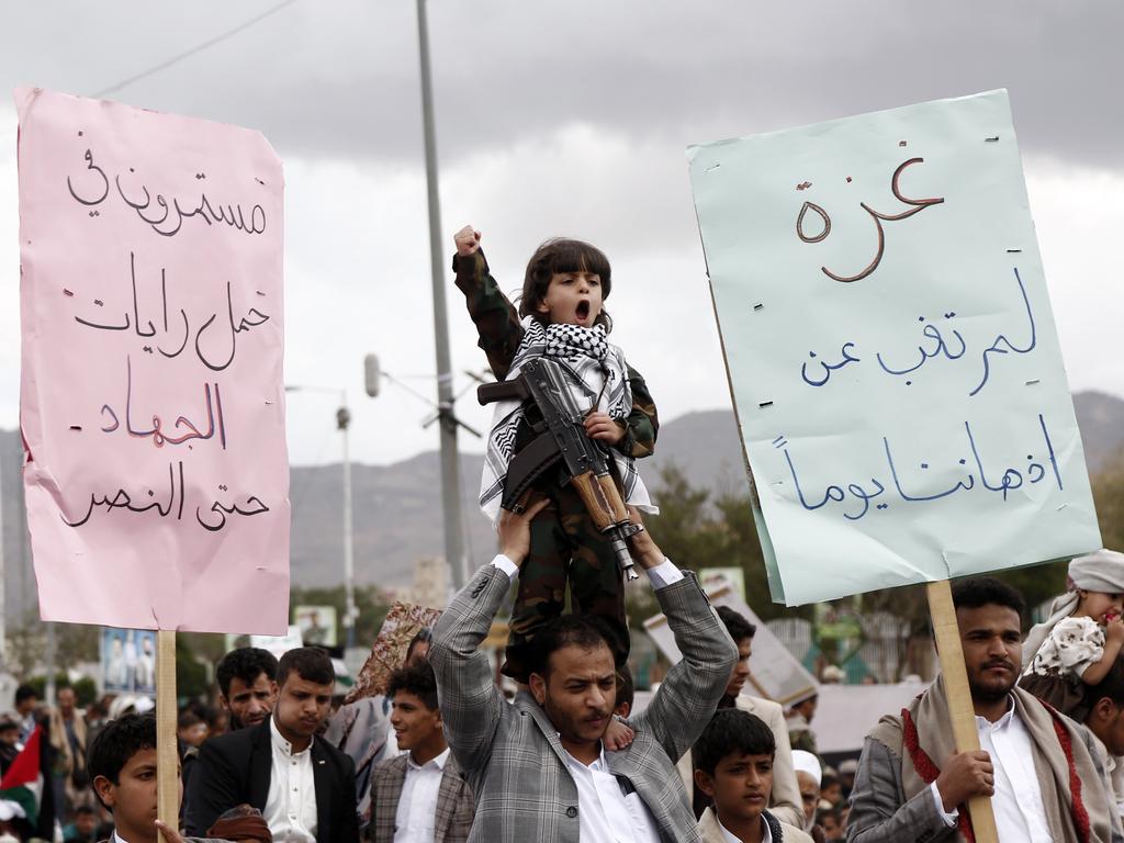 Yemenis take part in a demonstration held in solidarity with Palestinians against Israel. Picture: Mohammed Hamoud/Getty Images