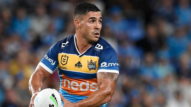 GOLD COAST, AUSTRALIA - MARCH 19: Jamal Fogarty of the Titans runs with the ball during the round two NRL match between the Gold Coast Titans and the Brisbane Broncos at Cbus Super Stadium on March 19, 2021, in Gold Coast, Australia. (Photo by Matt Roberts/Getty Images)