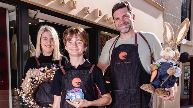 Emily Renaud and Josh Elliott with their son Finn outside Norman and Dann Chocolate Shop in Salamanca. Picture: Linda Higginson