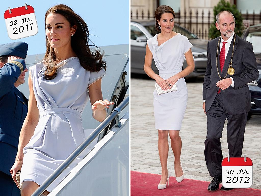 LA style Catherine Duchess of Cambridge wore this Roksanda Ilincic grey dress during her America trip in 2011 in Los Angeles, California and again at the Royal Academy of Arts on July 30, 2012 in London, England. Picture: Getty