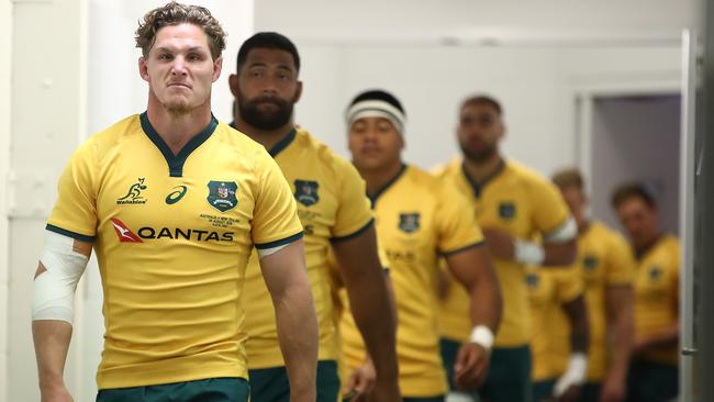 Michael Hooper of the Wallabies leads the team out at Eden Park in Auckland.