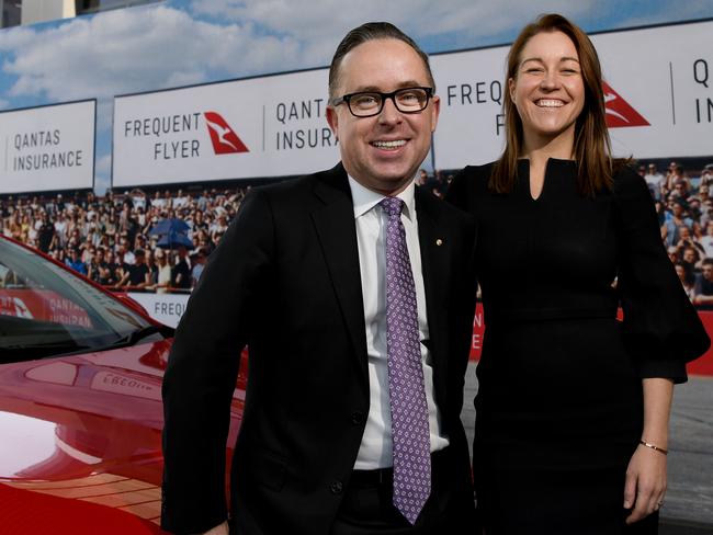 Qantas Group CEO Alan Joyce and Qantas Loyalty CEO Olivia Wirth pose for a photograph during an announcement at Qantas Head Office in Sydney, Tuesday, October 29, 2019. (AAP Image/Bianca De Marchi) NO ARCHIVING