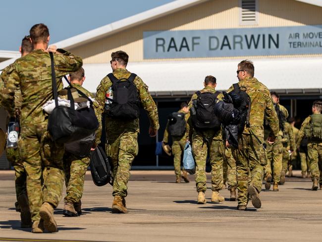 Australian Army soldiers disembark a Royal Australian Air Force KC-30A Multi-Role Tanker at RAAF base Darwin, following their deployment to the UK on Operation Kudu. Picture: Annie Richardson