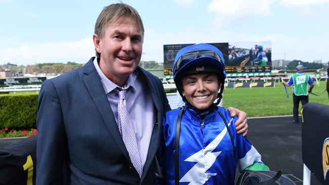 Jockey Mikayla Weir (right) and trainer Todd Howlett combine with Burraneer Buoy. Picture: AAP Image