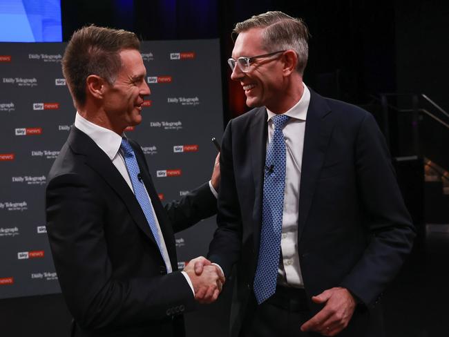 22, March, 2023.NSW Labor leader, Chris Minns, and NSW Premier Dominic Perrottet, meet at the start of The NSW PeopleÃs Forum. Sky News televised debate, at Penrith Panthers Rugby Leagues Club, Penrith, tonight.Picture: Justin Lloyd.