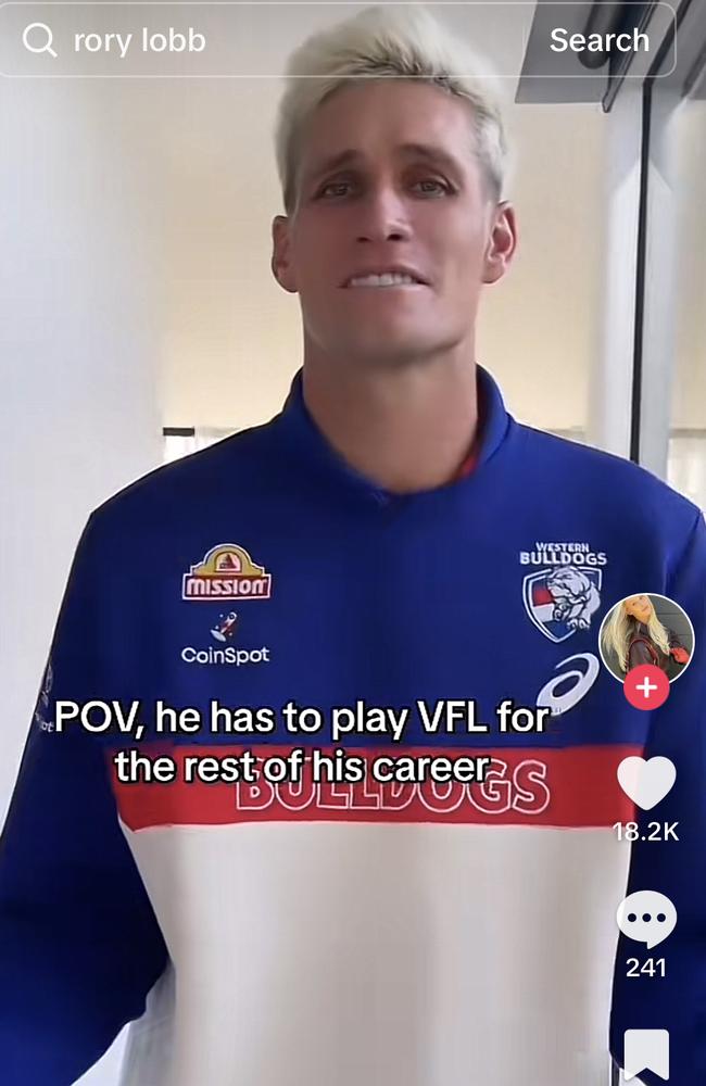 Western Bulldogs tall Rory Lobb's TikTok presence has grown in the wake of his omission from the AFL side after round 1. Picture: TikTok / @lexiimary