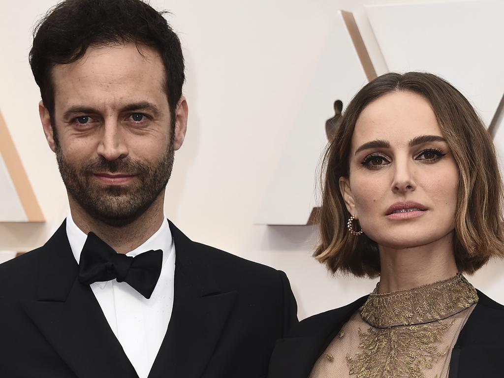 Natalie Portman, right, and husband Benjamin Millepied arrive at the Oscars. Picture: AP