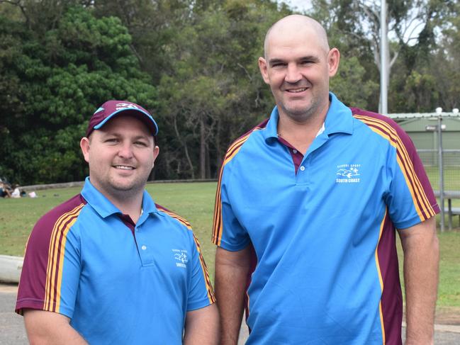 South Coast 14-15 years team staff Blake Trace and Dan Donovan at the Queensland School Sport rugby league state championships at Marley Brown Oval, Gladstone, on May 17, 2025.