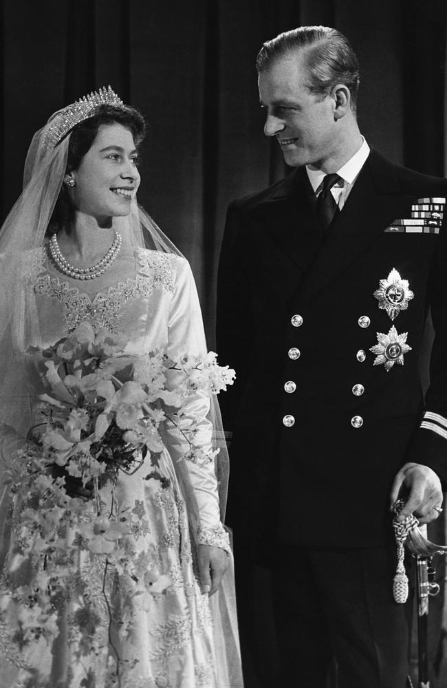 Queen Elizabeth and Prince Philip at their wedding in 1947. Picture: Getty Images.