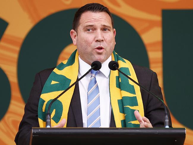 MELBOURNE, AUSTRALIA - JULY 11: James Johnson, Football Australia CEO, speaks during the Australia Matildas World Cup squad public presentation at Federation Square on July 11, 2023 in Melbourne, Australia. (Photo by Daniel Pockett/Getty Images)