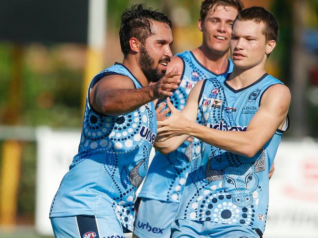 Jarrod Stokes after scoring as Nightcliff V Biffs at Nightcliff Oval.Picture GLENN CAMPBELL