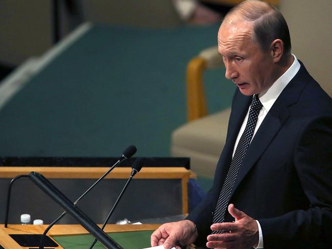 Rare appearance ... Russian President Vladimir Putin addresses the United Nations General Assembly at UN headquarters for the first time in 10 years. Picture: Spencer Platt/Getty Images
