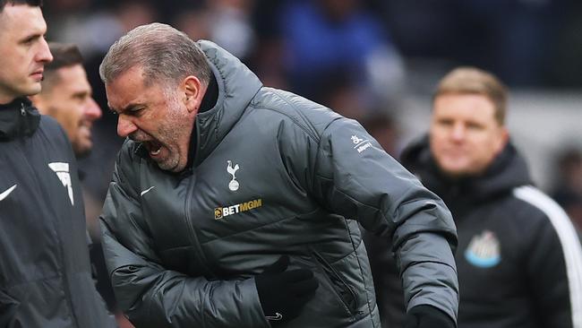 LONDON, ENGLAND - JANUARY 04: Ange Postecoglou, Manager of Tottenham Hotspur, reacts during the Premier League match between Tottenham Hotspur FC and Newcastle United FC at Tottenham Hotspur Stadium on January 04, 2025 in London, England. (Photo by Alex Pantling/Getty Images)