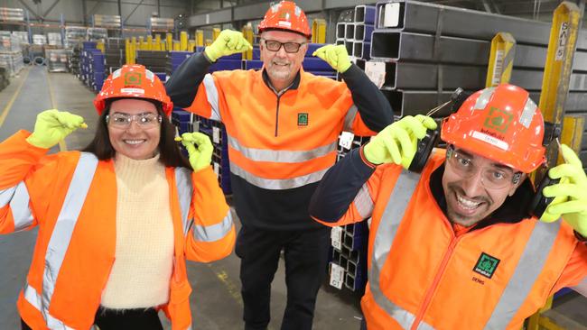 InfraBuild Lot R employees, Mary-Kate Davidson, Steve Clark and Denis Vijanic, say having correct safety equipment is vital to protect hearing at the Port Adelaide workshop. Picture: Dean Martin