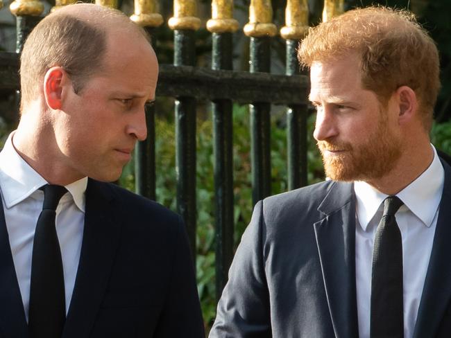 Prince William, the new Prince of Wales, and Prince Harry, the Duke of Sussex, arrive to view floral tributes to Queen Elizabeth II laid outside Cambridge Gate at Windsor Castle on 10th September 2022 in Windsor, United Kingdom. Queen Elizabeth II, the UK's longest-serving monarch, died at Balmoral aged 96 on 8th September 2022 after a reign lasting 70 years. (photo by Mark Kerrison/In Pictures via Getty Images)