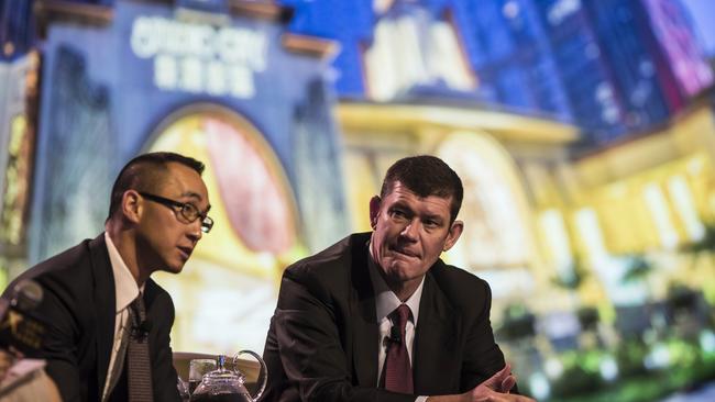 Lawrence Ho and James Packer at a news conference at Melco's Studio City casino resort in Macau in October 2015.