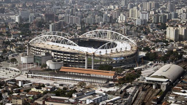 Aerial view of the Nilton Santos Olympic Stadium works for the Rio 2016 Olympic Games.