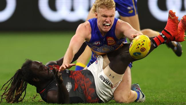 Reuben Ginbey fights for the ball with Anthony McDonald-Tipungwuti. Picture: Paul Kane/Getty Images