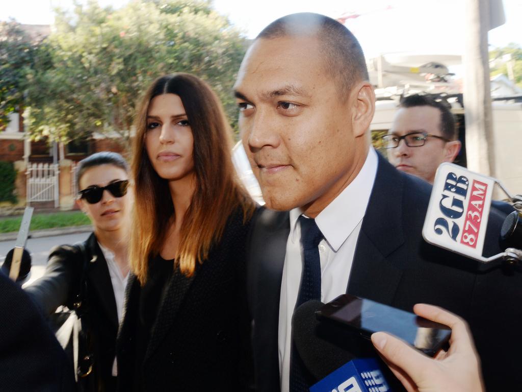 Huegill and his ex-wife Sara Hills on their way to court after being busted with cocaine at Randwick Racecourse. Picture: AAP Image/Dean Lewins