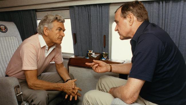 Bob Hawke and US president George H.W. Bush aboard Marine 1 in June 1989. Picture: Bob Hawke Prime Ministerial Library