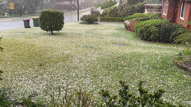 A front yard in Castle Hill is pelted with hail. Picture: Facebook/Som Oung