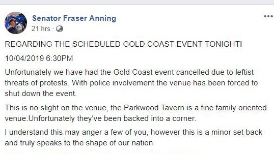 Senator Fraser Anning’s Facebook message cancelling his Gold Coast event.