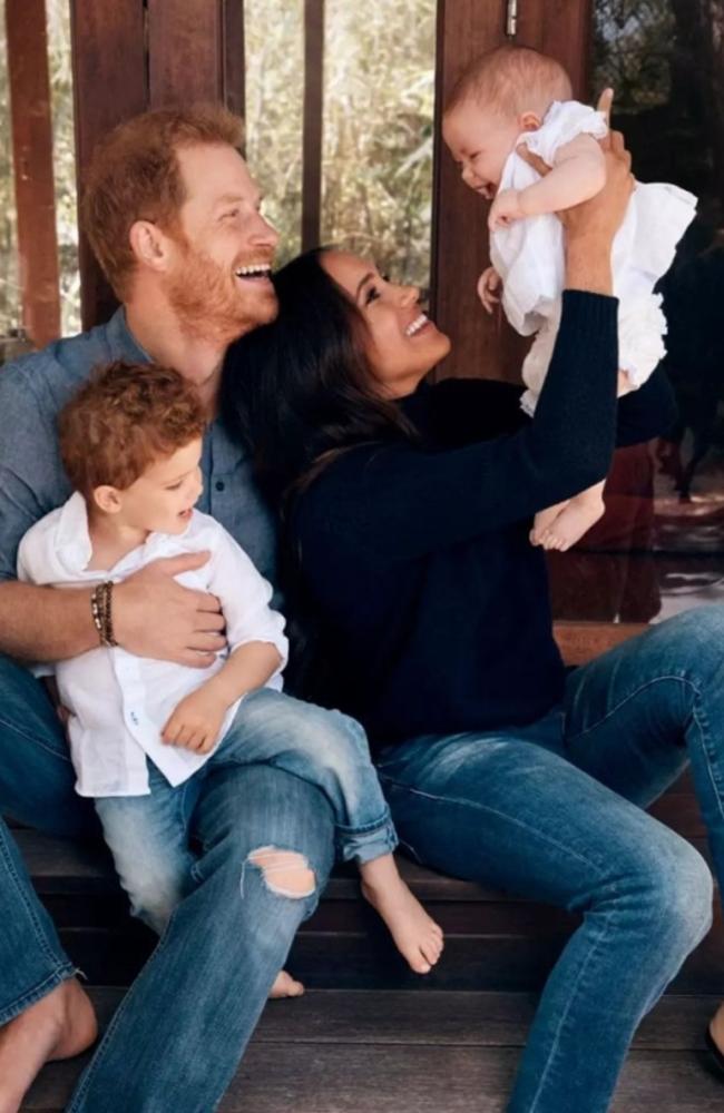 Prince Harry and Meghan Markle with Archie and Lilibet in their 2021 Christmas Card. (Photo by Alexi Lubomirski/Handout/The Duke and Duchess of Sussex)