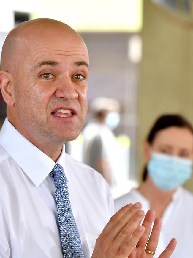 Chief health officer Dr John Gerrard talks at a press conference at Redcliffe Hospital. Picture: John Gass