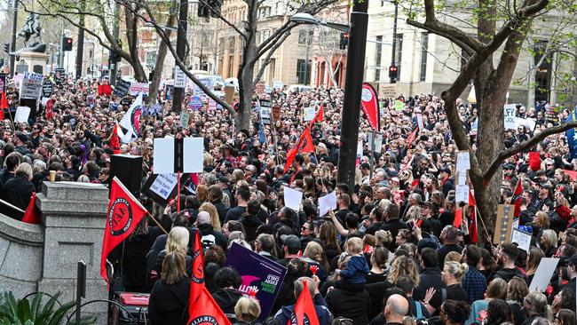 Striking teachers rally at Parliament House. Picture: Brenton Edwards