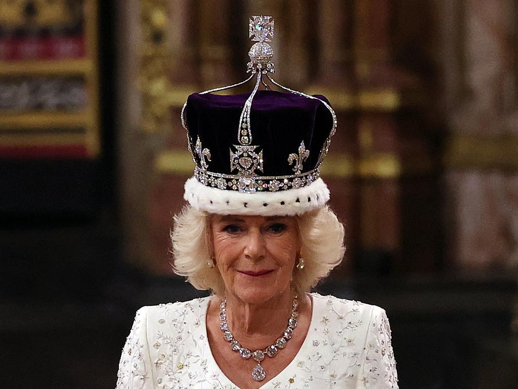 Queen Camilla walks wearing a modified version of Queen Mary’s Crown during the coronation ceremony. Picture: Richard Pohle / POOL / AFP