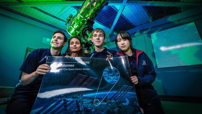 Samuel Wallis, Prashansa Singh, Nathanael Botten and Alyssa Yeo from The Heights School are working on a way to protect astronauts from radiation when they go to Mars — using bacteria. Picture: Roy Vandervegt/AAP