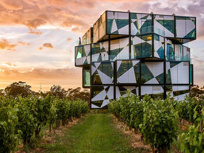 Blend your own wine at D'Arenberg Cube. Striking and modern in contrast to the rural backdrop of South Australia's McLaren Vale wine region, the D'Arenberg Cube demands attention. The structure, reminiscent of an oversized, unsolved Rubik's cube, has a playground for the senses on each level, and there's a space just for tasting, mixing and bottling your own blend. Picture: South Australia Tourism