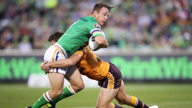 CANBERRA, AUSTRALIA - APRIL 21: Sam Williams of the Raiders is tackled during the round 6 NRL match between the Canberra Raiders and the Brisbane Broncos at GIO Stadium on April 21, 2019 in Canberra, Australia. (Photo by Mark Kolbe/Getty Images)