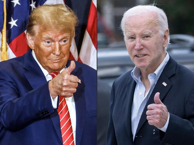 (COMBO) This combination of file pictures created on March 6, 2024, shows former US President and Republican presidential hopeful Donald Trump in Clinton, Iowa, on January 6, 2024; and US President Joe Biden in Rehoboth Beach, Delaware, on November 4, 2023.. Biden will meet with President-elect Trump at the White House on November 13, 2024, after the US leader pledged an orderly transfer of power back to the Republican he beat in elections just four years ago. (Photo by TANNEN MAURY and Brendan Smialowski / AFP)